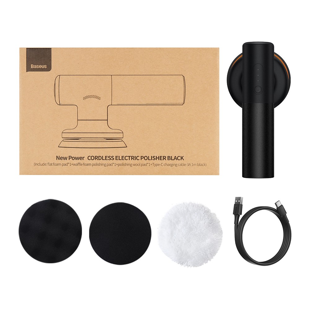 BASEUS New Power Cordless Electric Polisher with Flat Foam Pad + Waffle Foam Pad + Wool Pad + Type-C Charging Cable - Black-16
