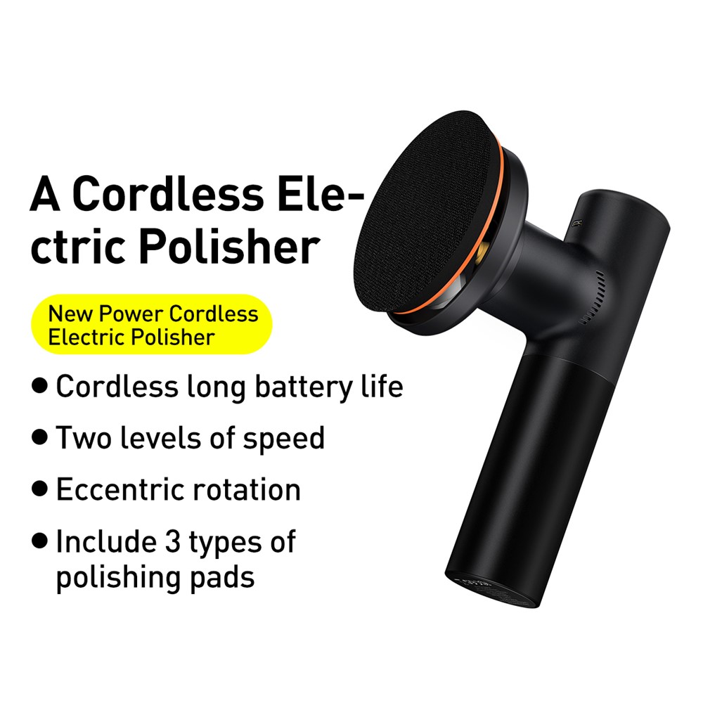 BASEUS New Power Cordless Electric Polisher with Flat Foam Pad + Waffle Foam Pad + Wool Pad + Type-C Charging Cable - Black-2