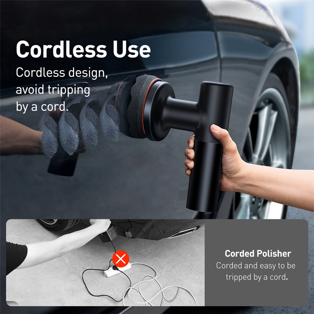BASEUS New Power Cordless Electric Polisher with Flat Foam Pad + Waffle Foam Pad + Wool Pad + Type-C Charging Cable - Black-3