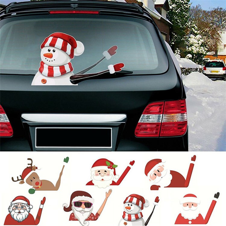 Christmas Rear Windshield Santa Claus Window Decals Car Wiper Decor Sticker Set - Snowman-2