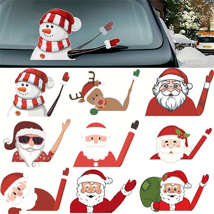 Christmas Rear Windshield Santa Claus Window Decals Car Wiper Decor Sticker Set - Snowman-3