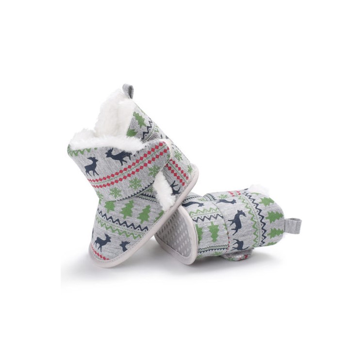 Christmas Elk Warm Winter Snow Boots Baby Soft Crib Shoes Toddler Boots - Grey, Size: 12-3