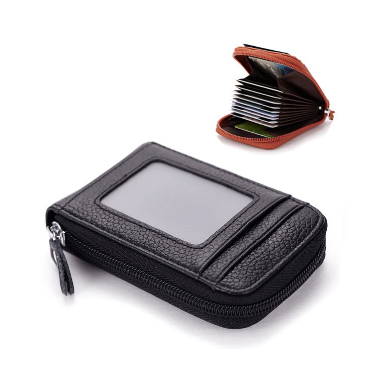 Accordion Genuine Leather ID/Credit Card Holder Case Wallet for Men and Women - Black-1
