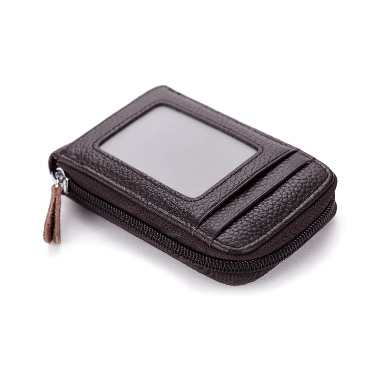 Accordion Genuine Leather Card Holder Zipper Sleeve for Men and Women - Coffee-1