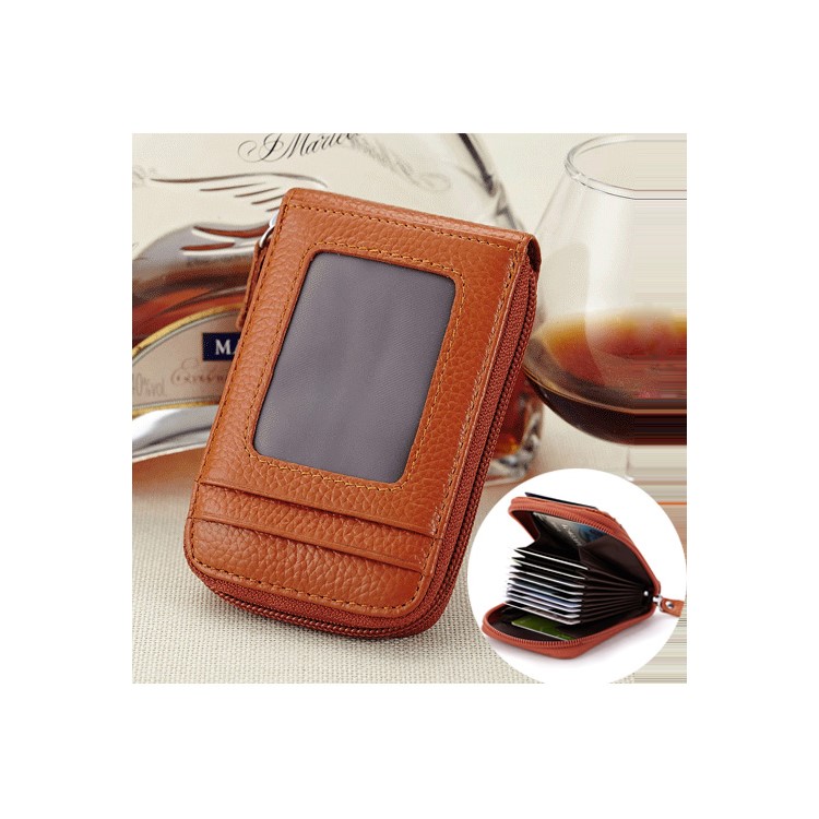 Genuine Leather Accordion Credit Card Holder Zip Wallet for Men and Women - Brown-1