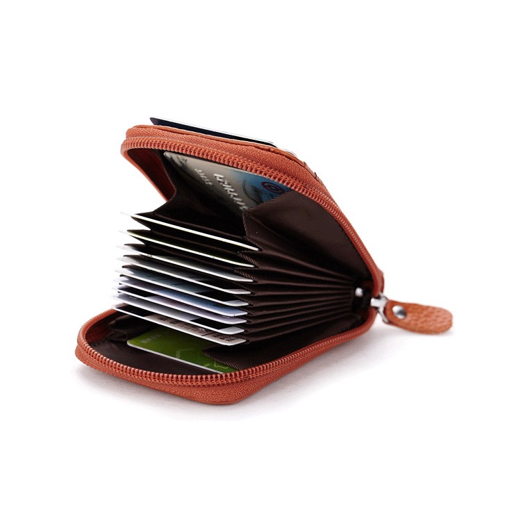 Genuine Leather Accordion Credit Card Holder Zip Wallet for Men and Women - Brown-3