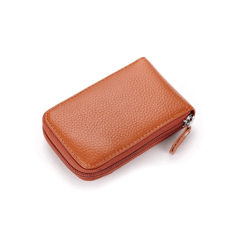 Genuine Leather Accordion Credit Card Holder Zip Wallet for Men and Women - Brown-4