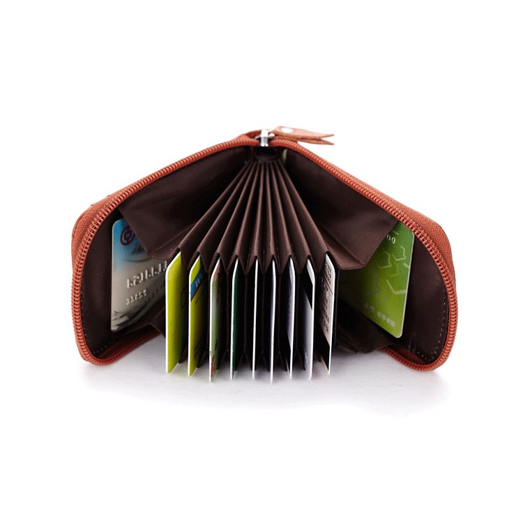 Genuine Leather Accordion Credit Card Holder Zip Wallet for Men and Women - Brown-5