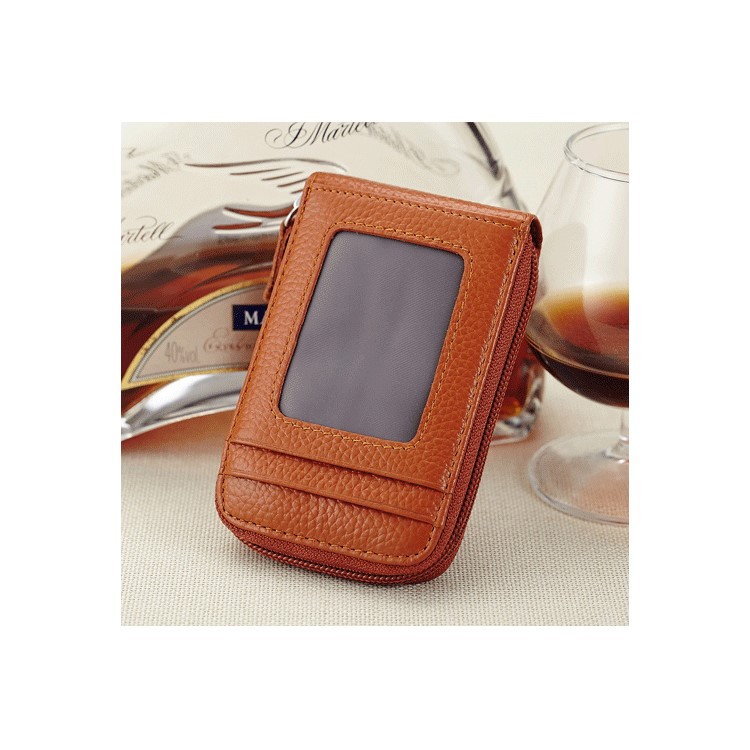 Genuine Leather Accordion Credit Card Holder Zip Wallet for Men and Women - Brown-6