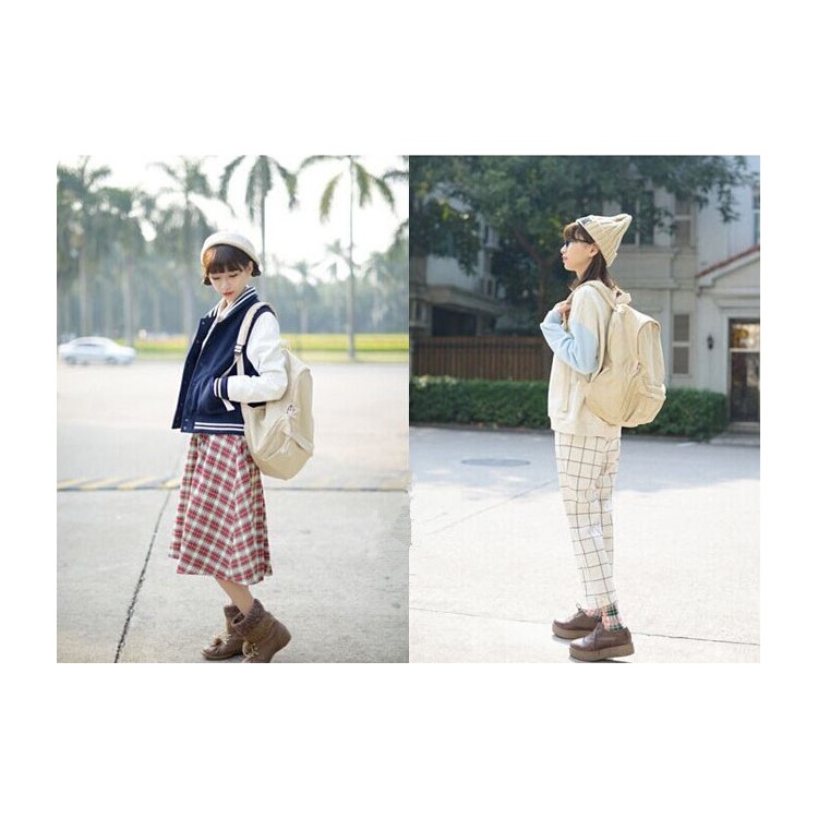 Unisex Classic Pure Color Canvas Causal Bag Fashion Handbags School Backpack Preppy Style for Gift - Khaki-4