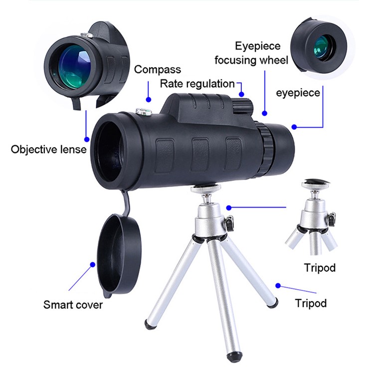 HD 50x60 Zoom Outdoor Monocular Telescope Kit Optics Telescopic Camping Scopes (Telescope + Compass + Spring Phone Clip + Aluminum Alloy Tripod)-9