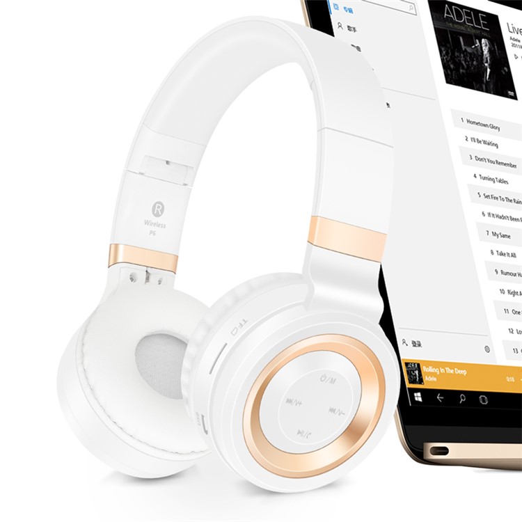P6 Folding Wireless Mega Bass Bluetooth Headset with Mic, FM Radio for iPhone 7 Samsung Note 8 etc. - White + Gold-1