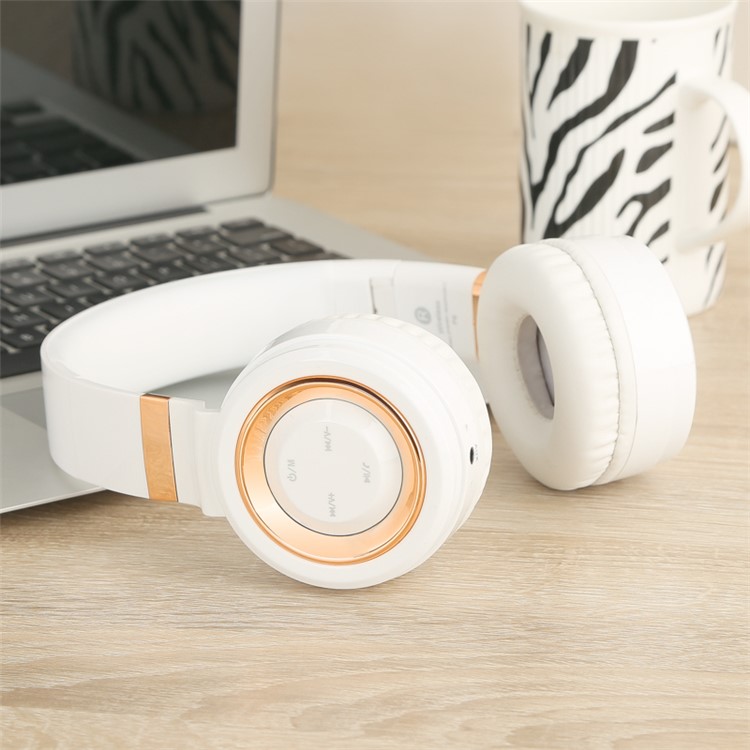 P6 Folding Wireless Mega Bass Bluetooth Headset with Mic, FM Radio for iPhone 7 Samsung Note 8 etc. - White + Gold-3