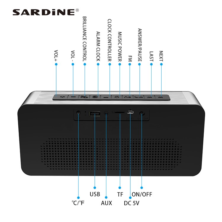 A10 12W Radio Alarm Clock Bluetooth Speaker with Thermometer HD Sound Digital 9.4" LED Display with Aux TF USB Ports-4