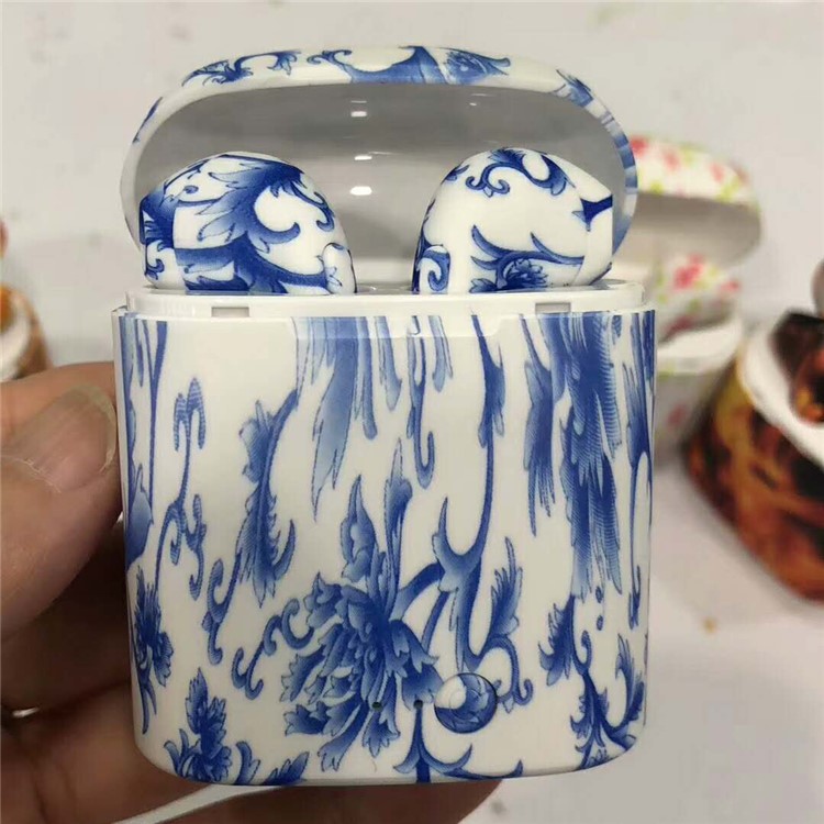 Pattern Printing Binaural Wireless Stereo Bluetooth 4.1 Earphones with Charging Case - Blue Porcelain-1