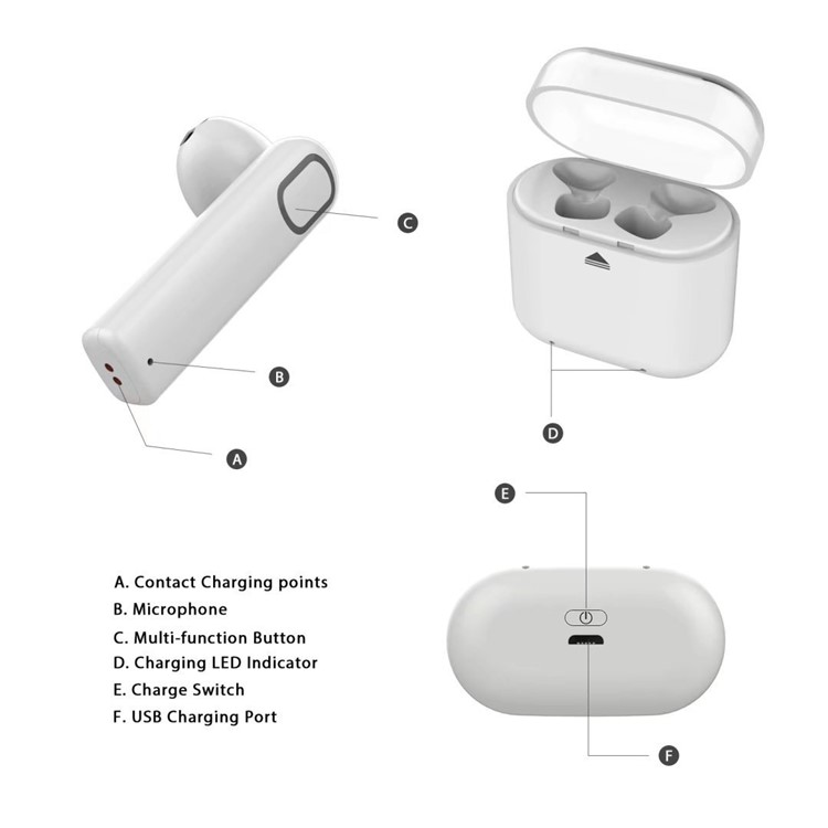 True Wireless Bluetooth 5.0 Double Earphones HiFi Headset + 500mAh Charge Case - White-10