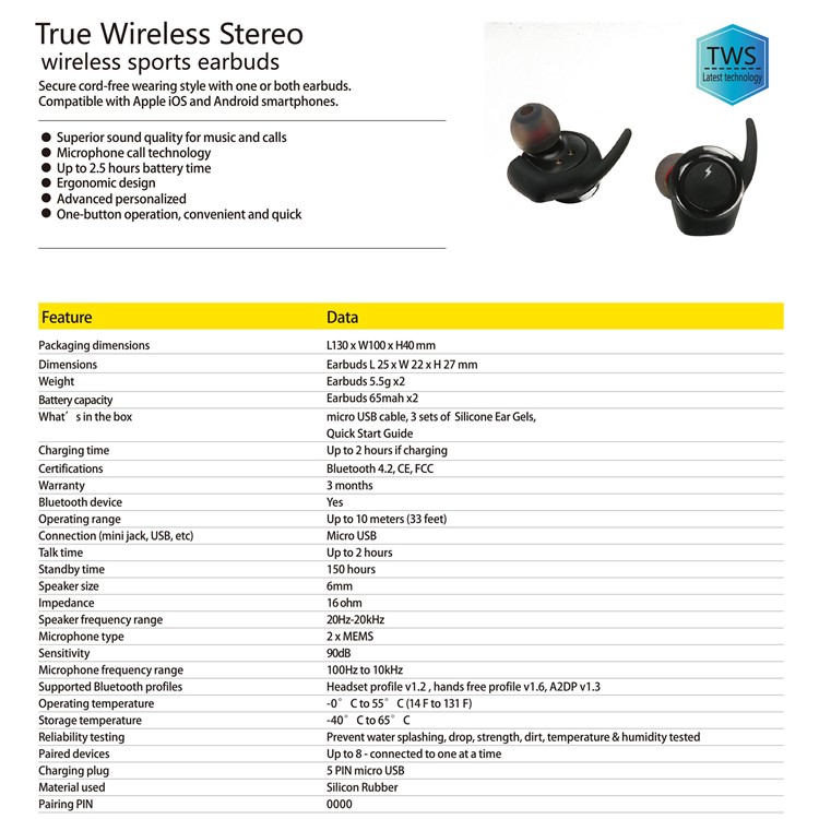 US-001 TWS In-ear Wireless Bluetooth 4.2 Double Headphones-5