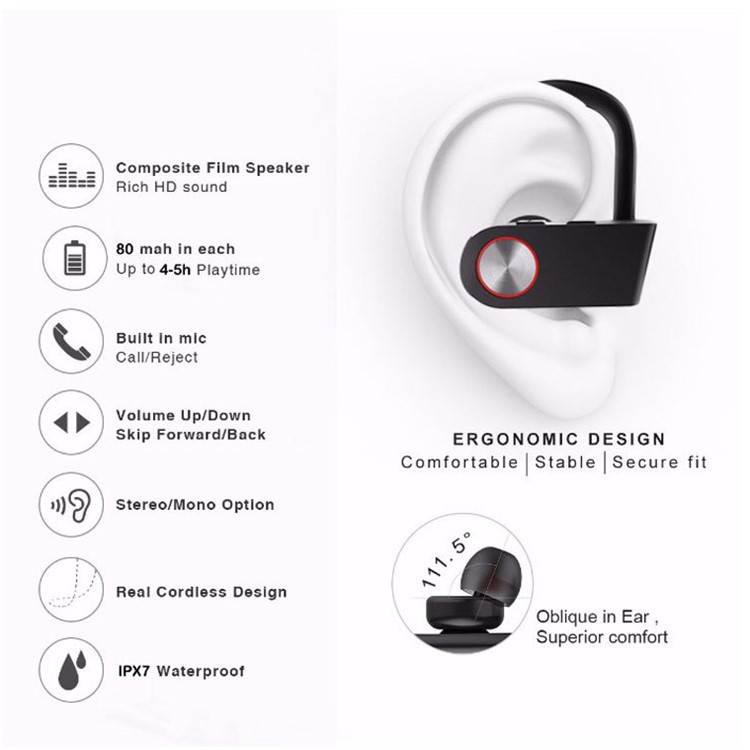 TWS Binaural Ear-hook In-ear Wireless Bluetooth 4.2 Sports Headphones - Black / Red-3