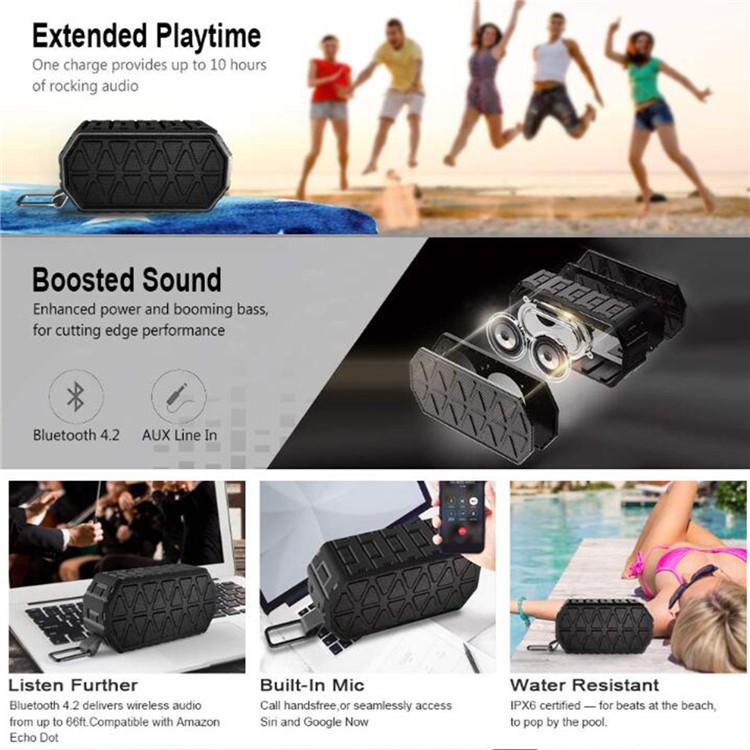 TOHAYIE X8 IPX6 Outdoor Bluetooth Speaker with 1000mAh Battery, 66-foot Bluetooth Range for iPhone, Samsung - Black-8