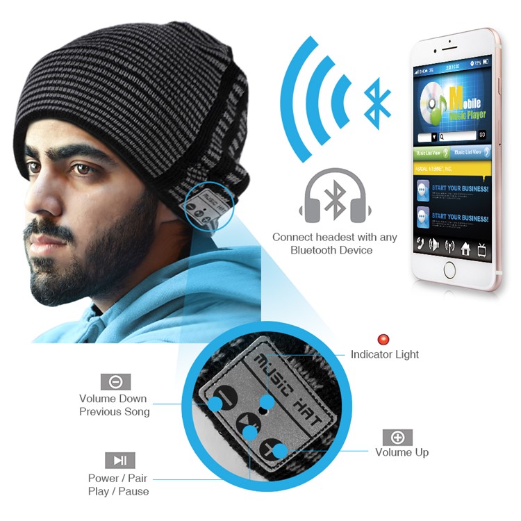 Unisexe Stripes À La Mode Motif Bluetooth Music Chapeau Hiver Chapeau De Sport Chaleureux Avec MIC-3