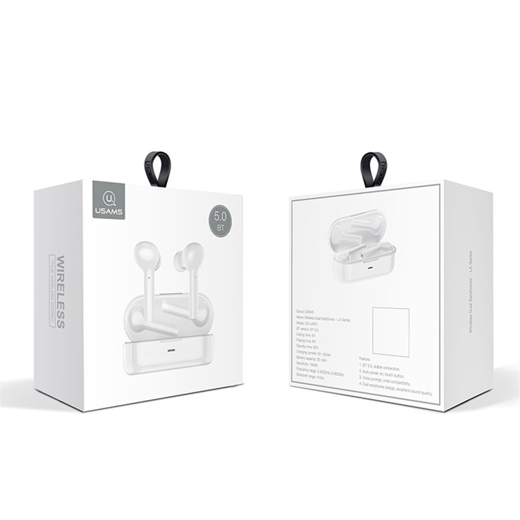 USAMS US-LA001 Dual In-ear Wireless Bluetooth 5.0 Earphone with Charging Box - White-11