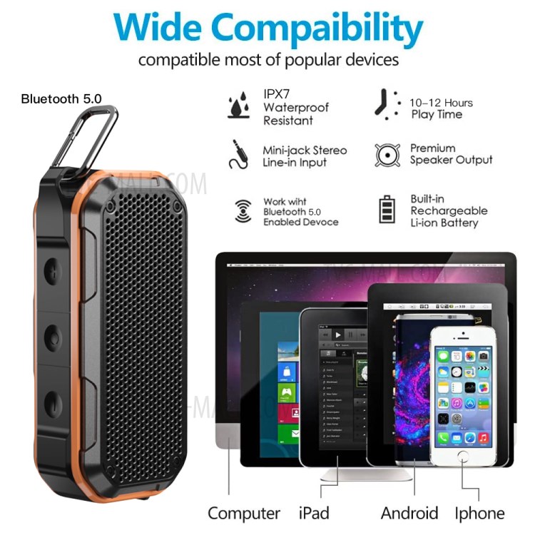 BT526 10W IPX7 Waterproof Bluetooth Speaker Built-in Mic Support TF Card/Aux-in - Orange-2