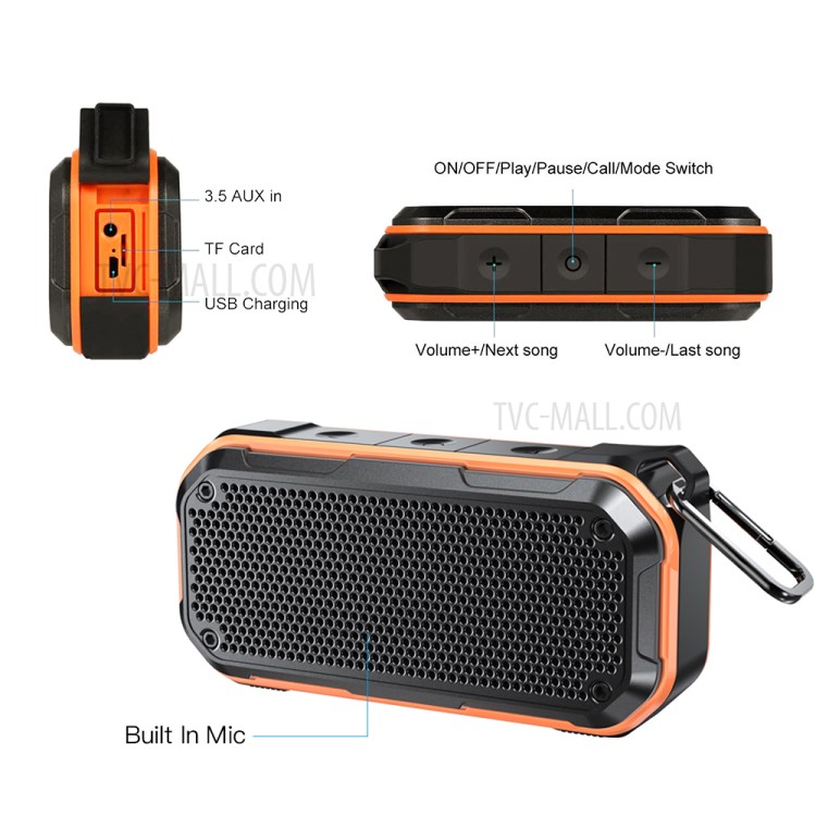 BT526 10W IPX7 Waterproof Bluetooth Speaker Built-in Mic Support TF Card/Aux-in - Orange-6