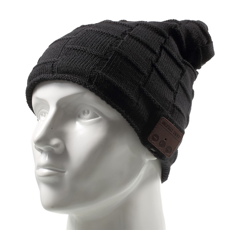 Grid Pattern Knitted Winter Warm Hat Built-in Wireless Bluetooth Headphone & Microphone - Black-1