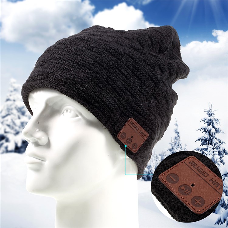 Grid Pattern Knitted Warm Long Music Hat Built-in Wireless Bluetooth Headphone & Microphone - Black-1