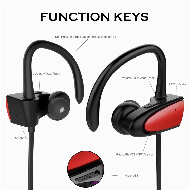 FOZENTO Wireless Bluetooth Sports Stereo Earbud Headset Earphone with Microphone - Red-6