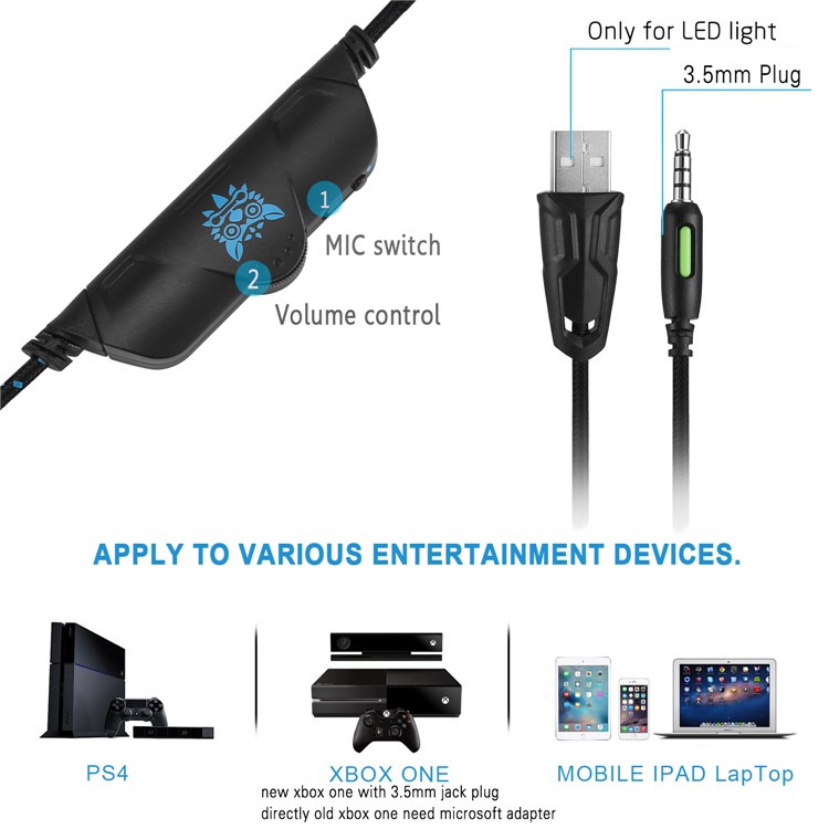 ONIKUMA K5 3,5 Mm Deep Bass Gaming Headset USB LED Kopfhörer Mit Mikrofon Für PS4 / XBOX One / Laptop / Pc - Schwarz-10