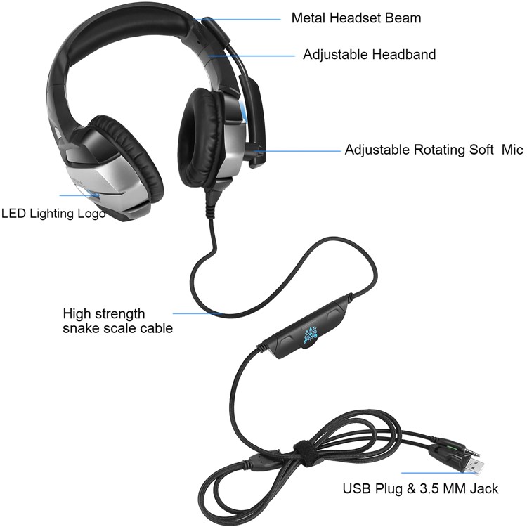 ONIKUMA K5 3,5 Mm Deep Bass Gaming Headset USB LED Kopfhörer Mit Mikrofon Für PS4 / XBOX One / Laptop / Pc - Schwarz-7