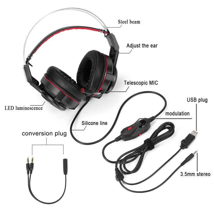 BUTFULLAKE SL-320 3,5-mm-Spielkopfhörer-Kopfhörer-Kopfband Mit Mikrofon-LED-Licht Für Laptop-Tablets-9
