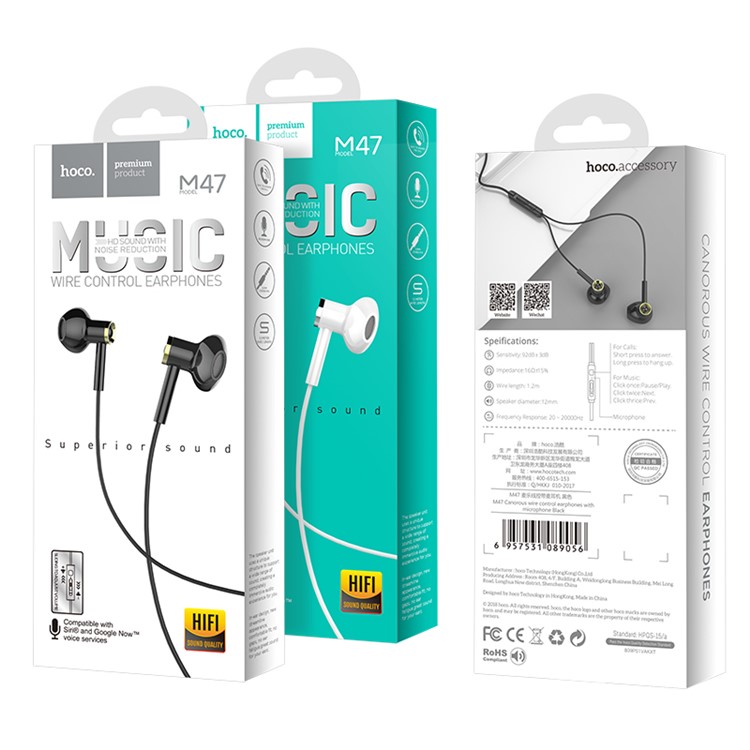 HOCO M47 Canorous Universal 3.5mm Wired In-ear Headphone with Mic for iPhone Samsung, etc - Black-7