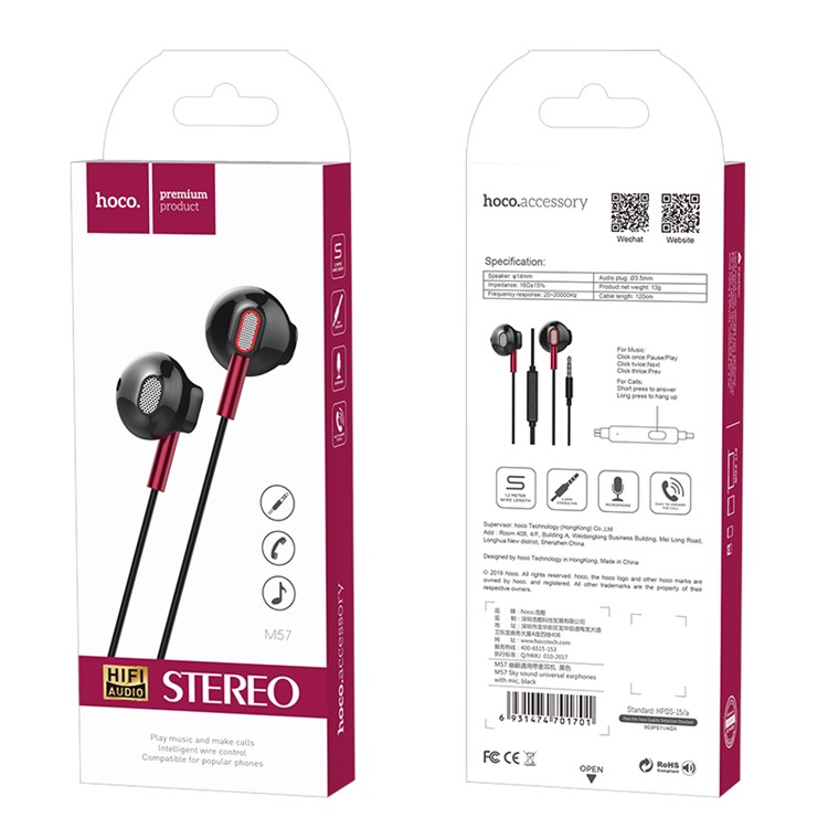 HOCO M57 Universal 3.5mm Wired Control Earphones with Mic HIFI Audio Stereo Headphone - Black-8