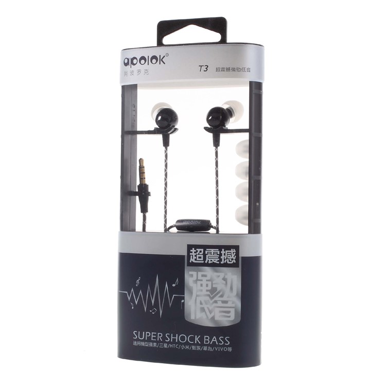 APOLOK T3 3.5mm Wired Stereo Headphone In-ear Super Bass Earphone with Mic & Remote Control - Black-8