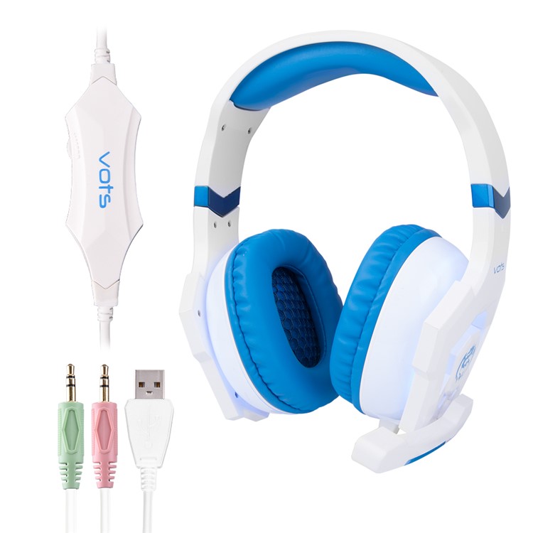 VOTS CH6172 USB + 3.5mm Plug Headphone Over-ear Lighting Game Music Headset with Mic for Phones Tablets Computers - Blue / White-9