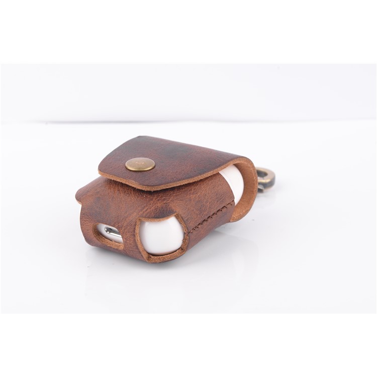 ISMILE Retro Style Genuine Leather Anti-lost Case Holder for Apple Airpods Charging Case with Carabiner-3