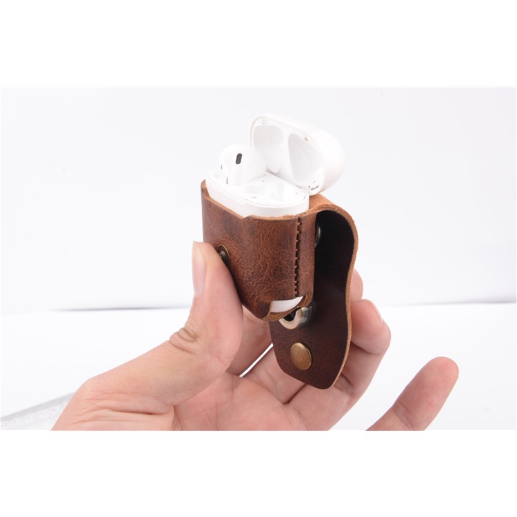 ISMILE Retro Style Genuine Leather Anti-lost Case Holder for Apple Airpods Charging Case with Carabiner-8