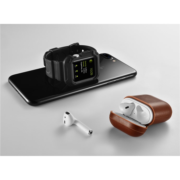 ICARER Vintage Style Genuine Leather Headset Protection Case for Air Pods - Coffee-15