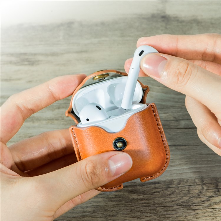 Genuine Leather Protector Cover Keychain for Apple AirPods with Charging Case (2016) - Light Brown-5