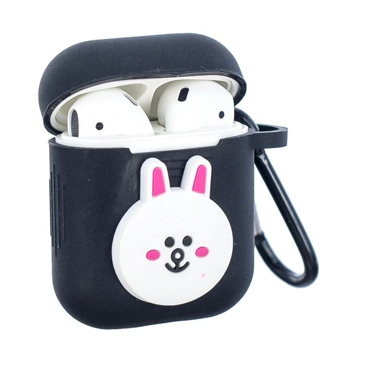 Capa De Silicone À Prova De Choque De Padrão De Desenho Animado Com Mosquetão Para Airpods De Apple Com Caso De Carregamento (2016) - Preto / Coelho Sorridente-1