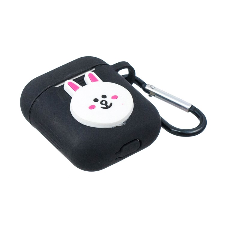 Capa De Silicone À Prova De Choque De Padrão De Desenho Animado Com Mosquetão Para Airpods De Apple Com Caso De Carregamento (2016) - Preto / Coelho Sorridente-3