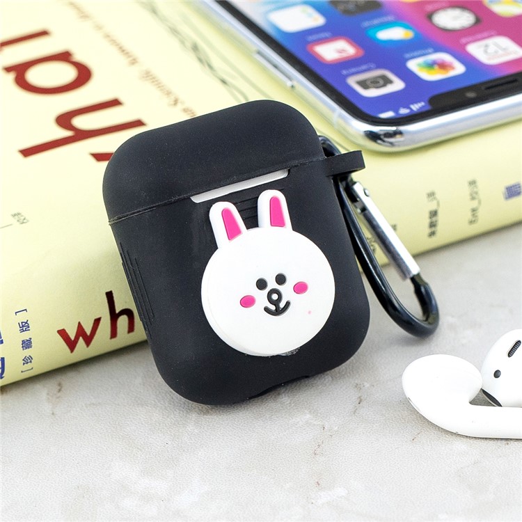 Capa De Silicone À Prova De Choque De Padrão De Desenho Animado Com Mosquetão Para Airpods De Apple Com Caso De Carregamento (2016) - Preto / Coelho Sorridente-4