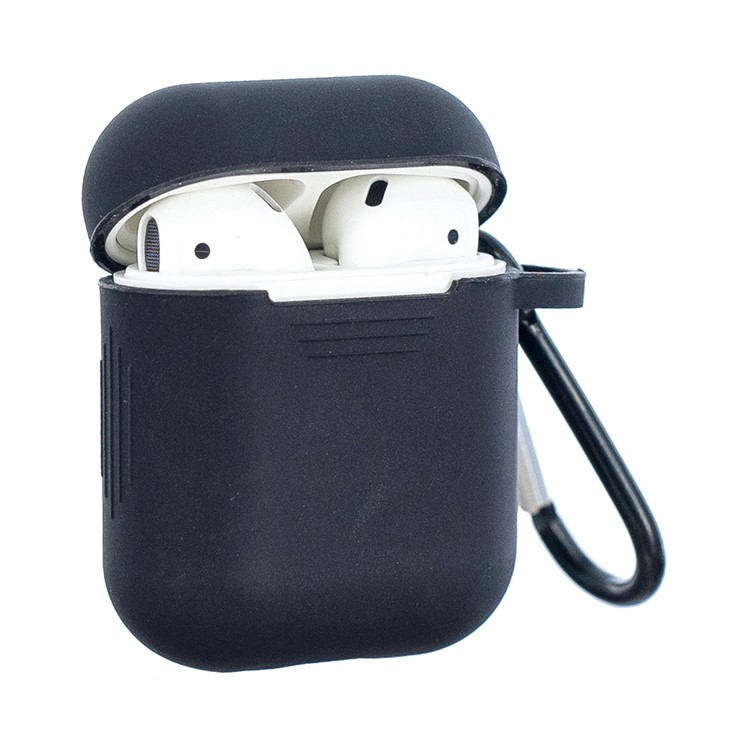 Cor Sólida À Prova De Choque De Silicone Macio Com Mosquetão Para Apple Airpods Caso De Carregamento - Preto-1