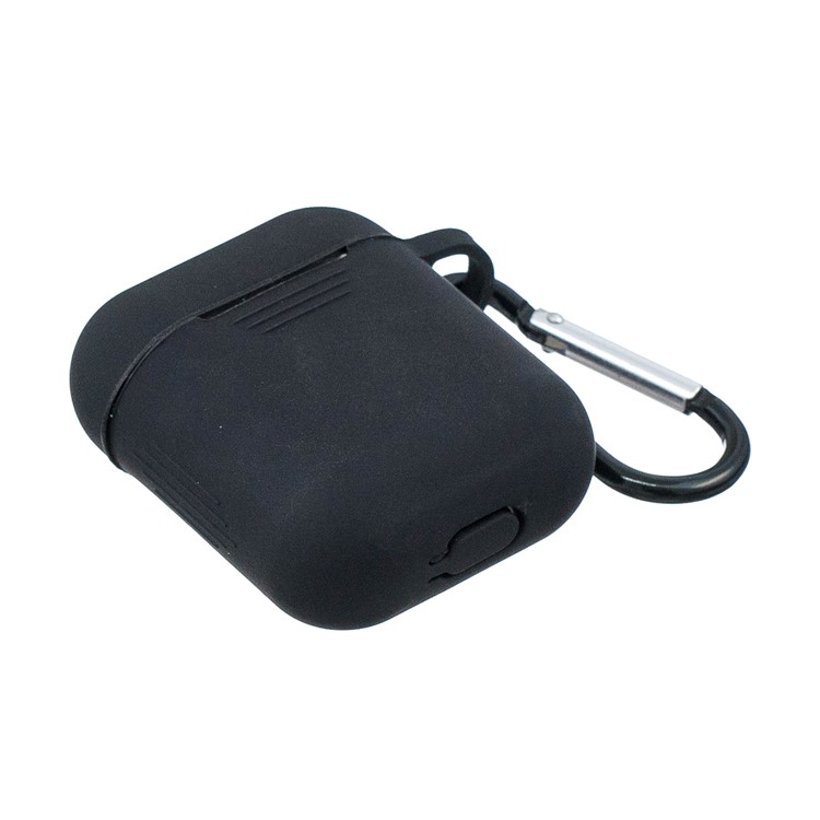 Cor Sólida À Prova De Choque De Silicone Macio Com Mosquetão Para Apple Airpods Caso De Carregamento - Preto-4