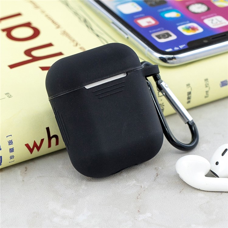 Cor Sólida À Prova De Choque De Silicone Macio Com Mosquetão Para Apple Airpods Caso De Carregamento - Preto-5