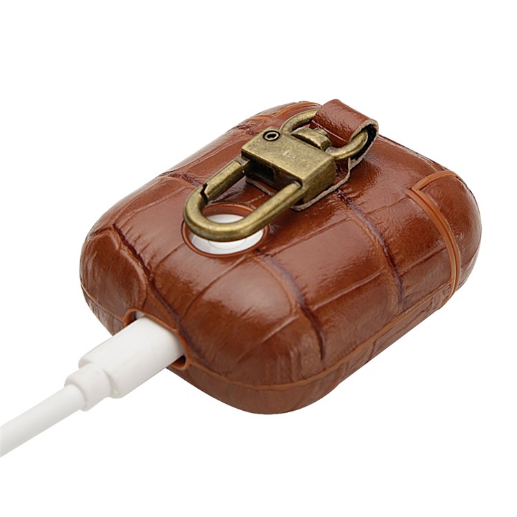 Crocodile Skin Genuine Leather Case with Hook for Apple AirPods Bluetooth Headset Charging Case - Brown-5