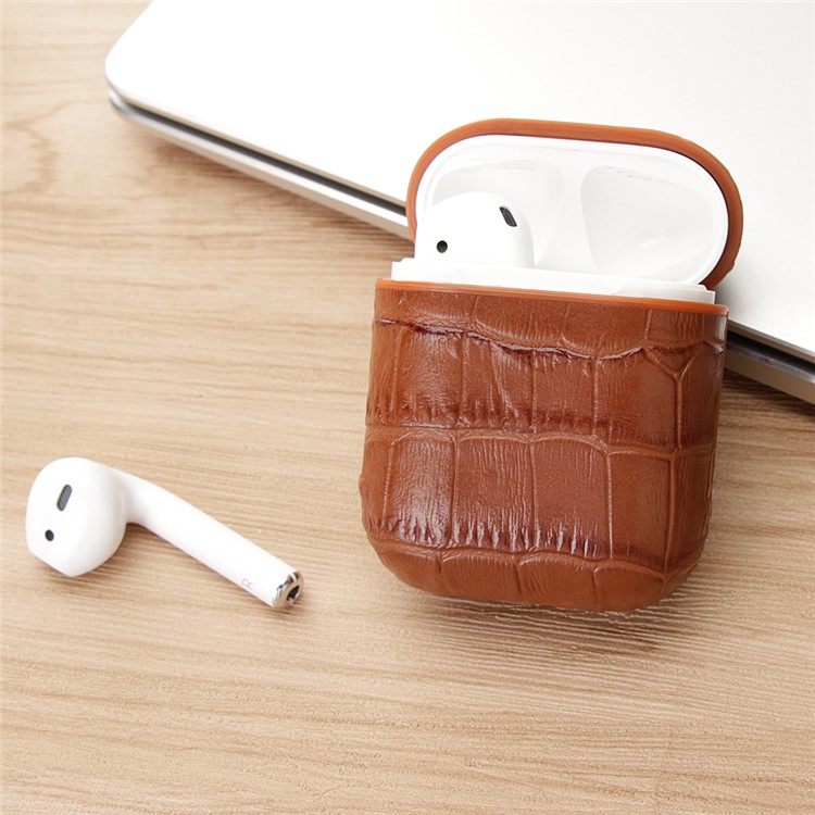 Crocodile Skin Genuine Leather Case with Hook for Apple AirPods Bluetooth Headset Charging Case - Brown-7