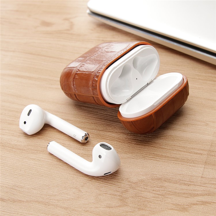 Crocodile Skin Genuine Leather Case for Apple AirPods Bluetooth Headset Charging Case - Brown-13